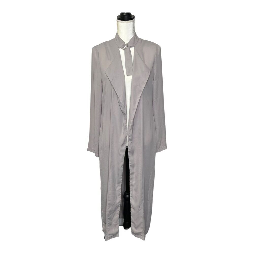 Missguided Women Solid Gray Duster Coat Long Sleeve Open Front D-Ring Neck Strap